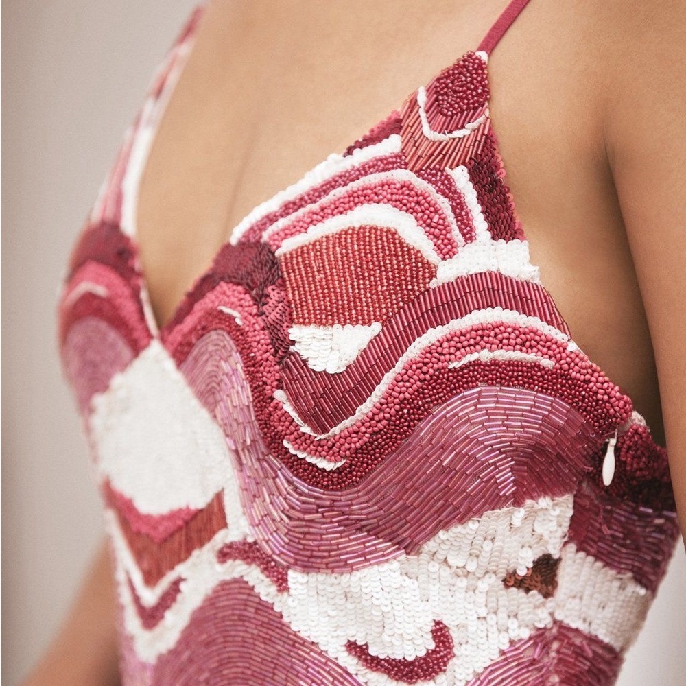 CULT GAIA Sasha Beaded Multi Wave Print Mini Dress Pink Red NWT Small - Picture 3 of 14